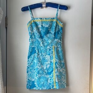 Lilly Pulitzer Blue Turquoise Floral Mini Dress with Yellow Trim